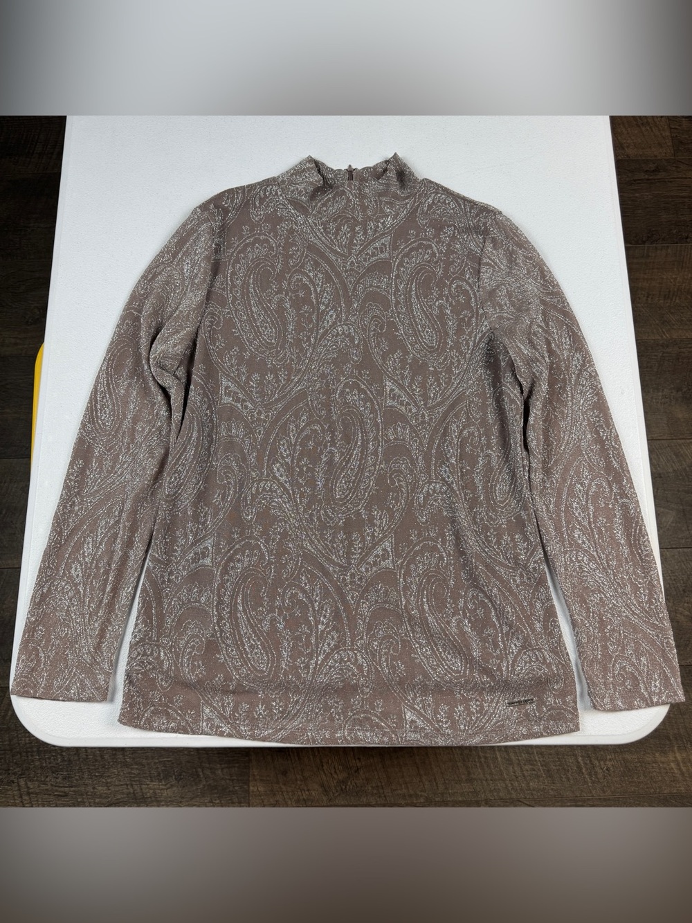 Anne Klein Mock Neck Top Womens L Large Blush Metallic Paisley Long Sheer Sleeve